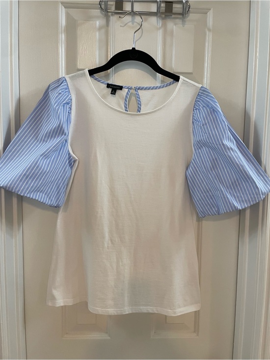 Talbots Tops - Casual White Top with Blue Stripe Puff Sleeves